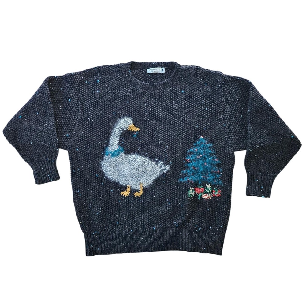 Neuma Christmas Goose Sweater Womens Medium Charcoal Confetti Vintage Knit